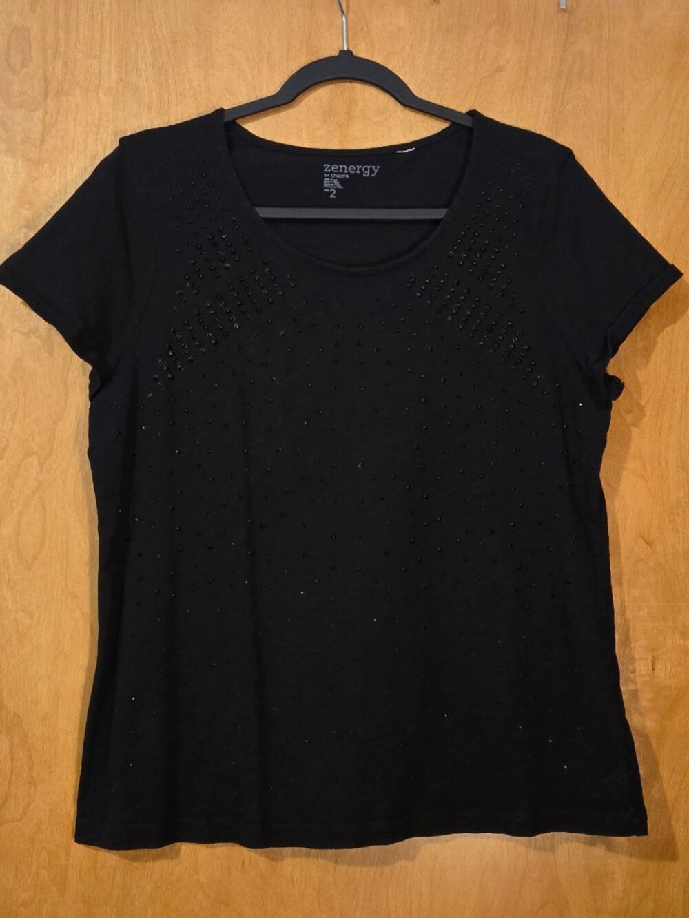 Chico’s Zenergy Black Embellished Short Sleeve Top Size 2 Large Athleisure